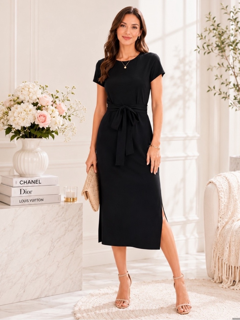 Old Navy Black Tie Waist Midi Dress Ponte Knit Short Sleeve NWT M